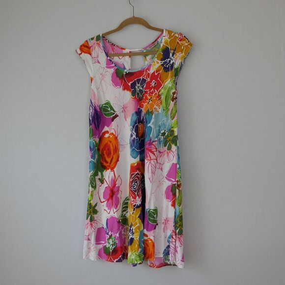 VTG Jams World Size Small "Lille" Floral Hawaiian Print Mini Dress Cap Sleeve - Picture 3 of 8